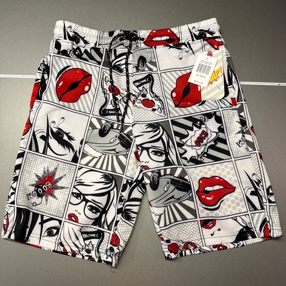 Drill Clothing Co. Men's Shorts Medium White Black Red Pop Art NWT